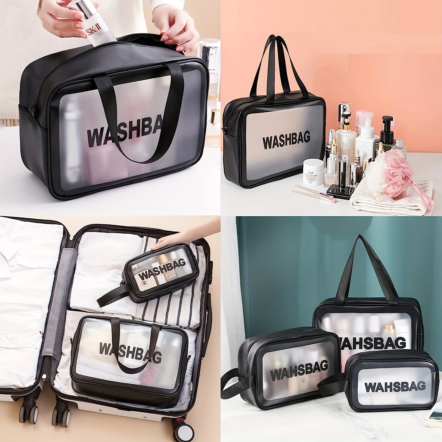 3Pcs Clear Travel Cosmetic Bag Set Waterproof Makeup Bag Portable Toiletry Bag