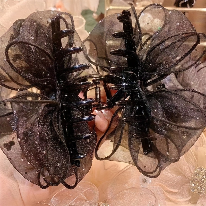 Organza Bow Hair Claw Rhinestone Butterfly Hair Claw for Ponytail