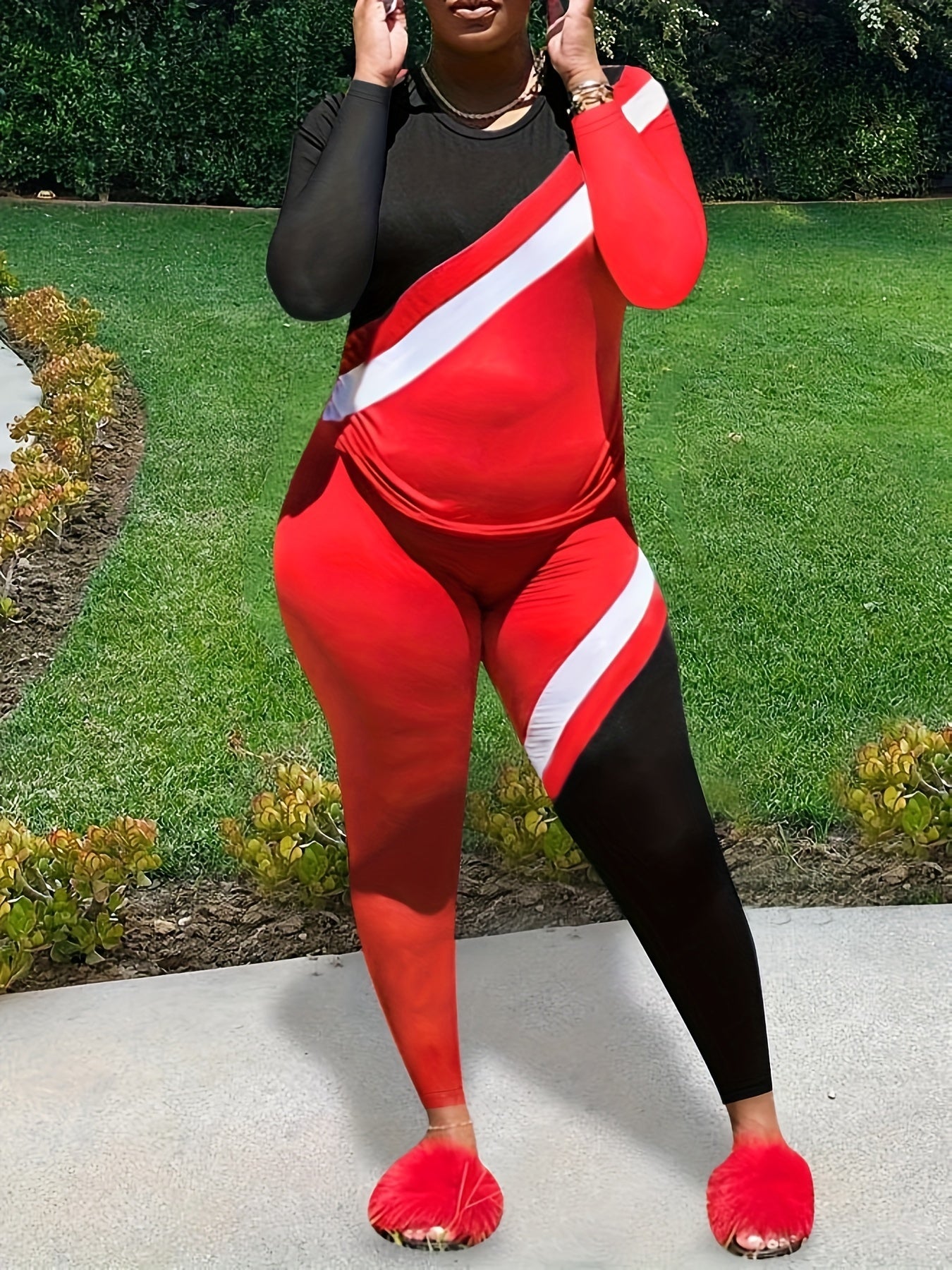  Colorblock Stripe Print Top & Leggings Set