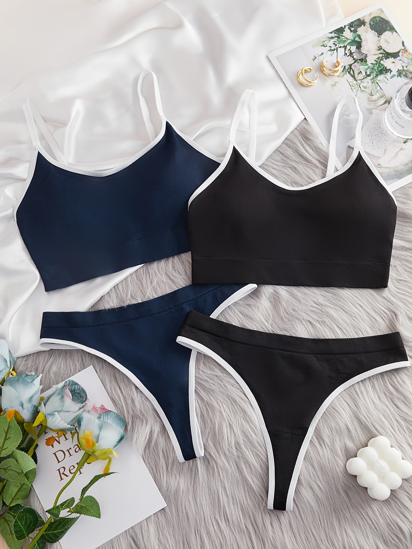 2 Sets Solid Bra & Panties Push Up Bra & Panties Lingerie Set