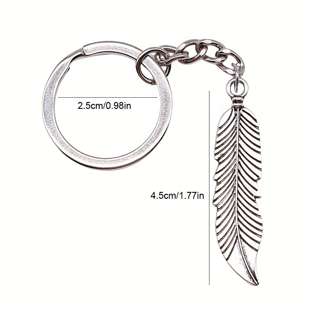 Vintage Silver Feather Pendant Keychain Metal Keyring