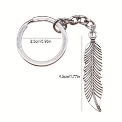 Vintage Silver Feather Pendant Keychain Metal Keyring
