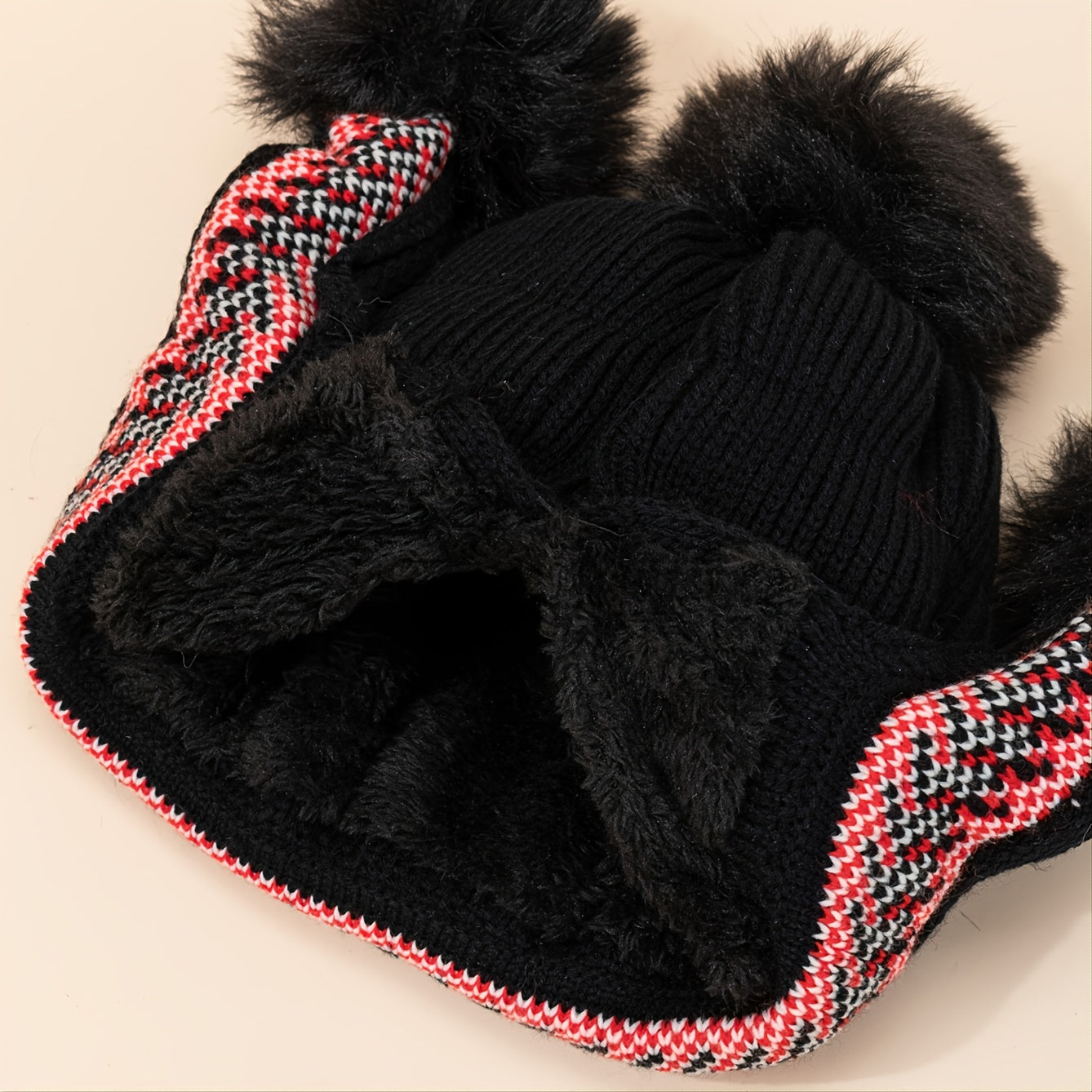 Ladies Printed Fleece Ear Protector Hat with Fur Ball