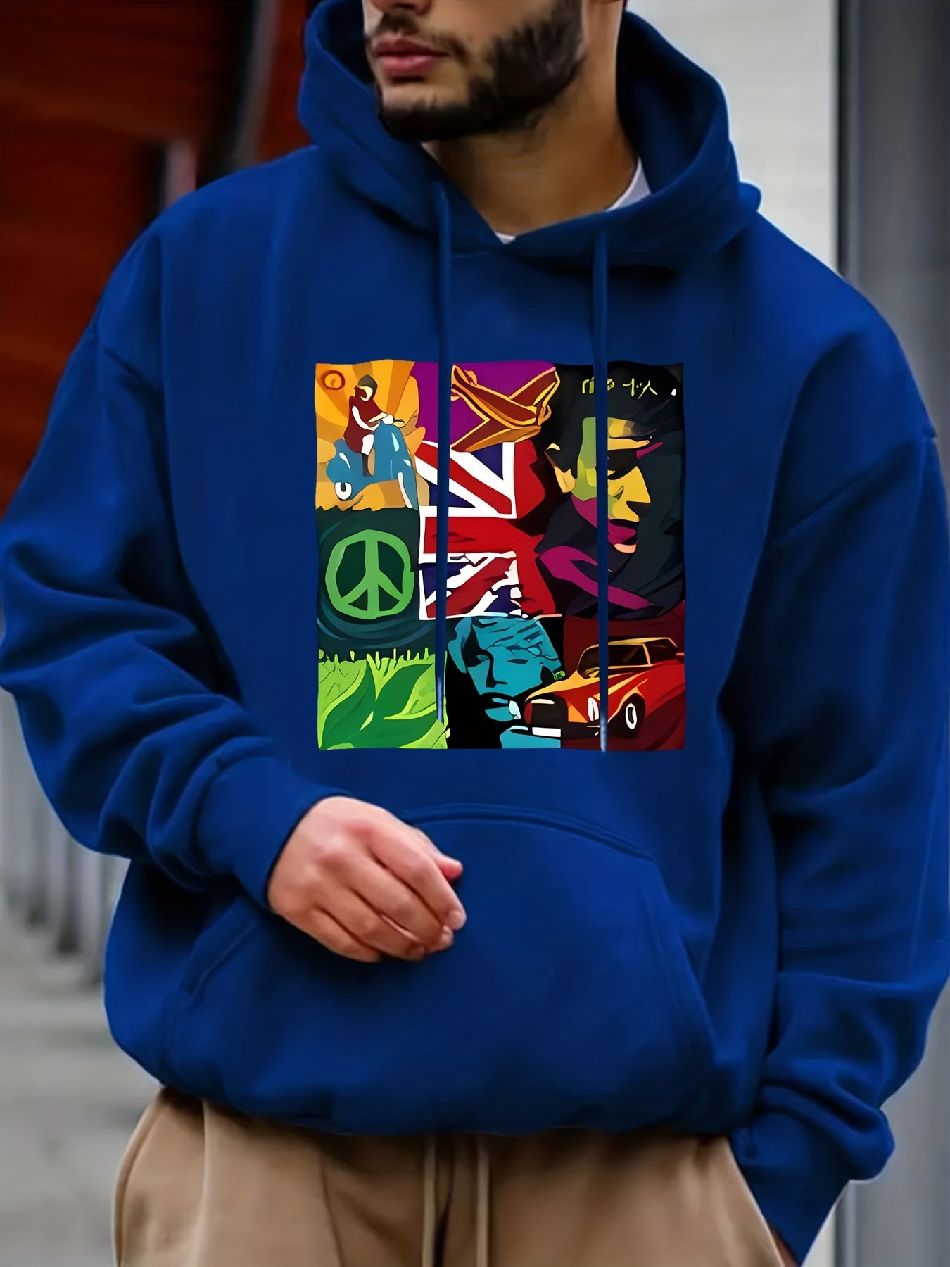 Peace Sign Print Hoodie Men's Casual Pullover Hooded Sweatshirt