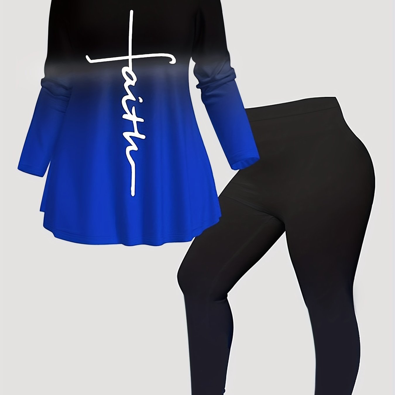 Women's Plus Ombre & Cross Letter Long Sleeve Crew Neck Top & Pants Outfits Set
