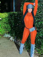 Solid Skinny Zip Up Jumpsuit Long Sleeve Stretchy Women's Clothing