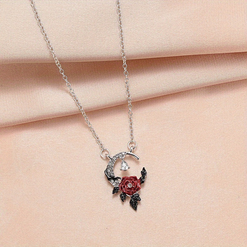 Red Flower Rhinestone Men's Pendant, Creative Crescent Design