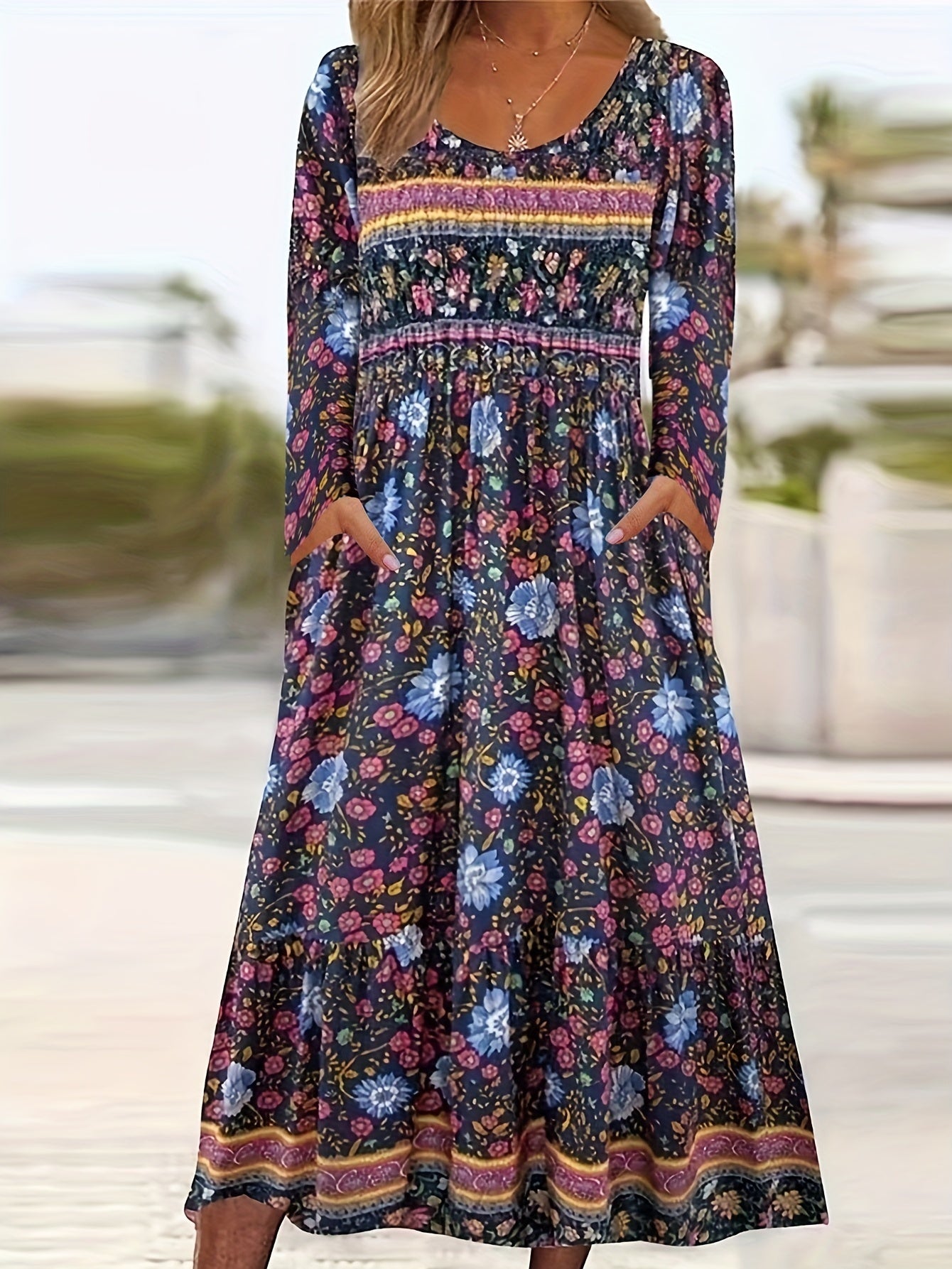  Boho Dress Colorblock Floral Print Long Sleeve Round Neck Dress