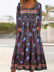  Boho Dress Colorblock Floral Print Long Sleeve Round Neck Dress