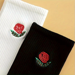 2 Pairs Floral Embroidery Socks Comfy & Breathable Mid Tube Women's Stockings