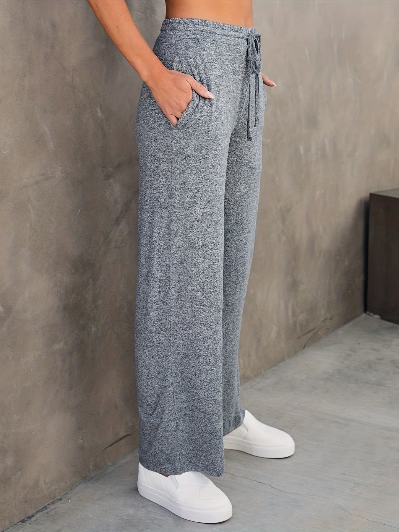  Solid Drawstring Loose Straight Leg Pants