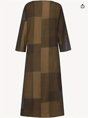  Colorblock Grid Print Half Sleeve Maxi Dress