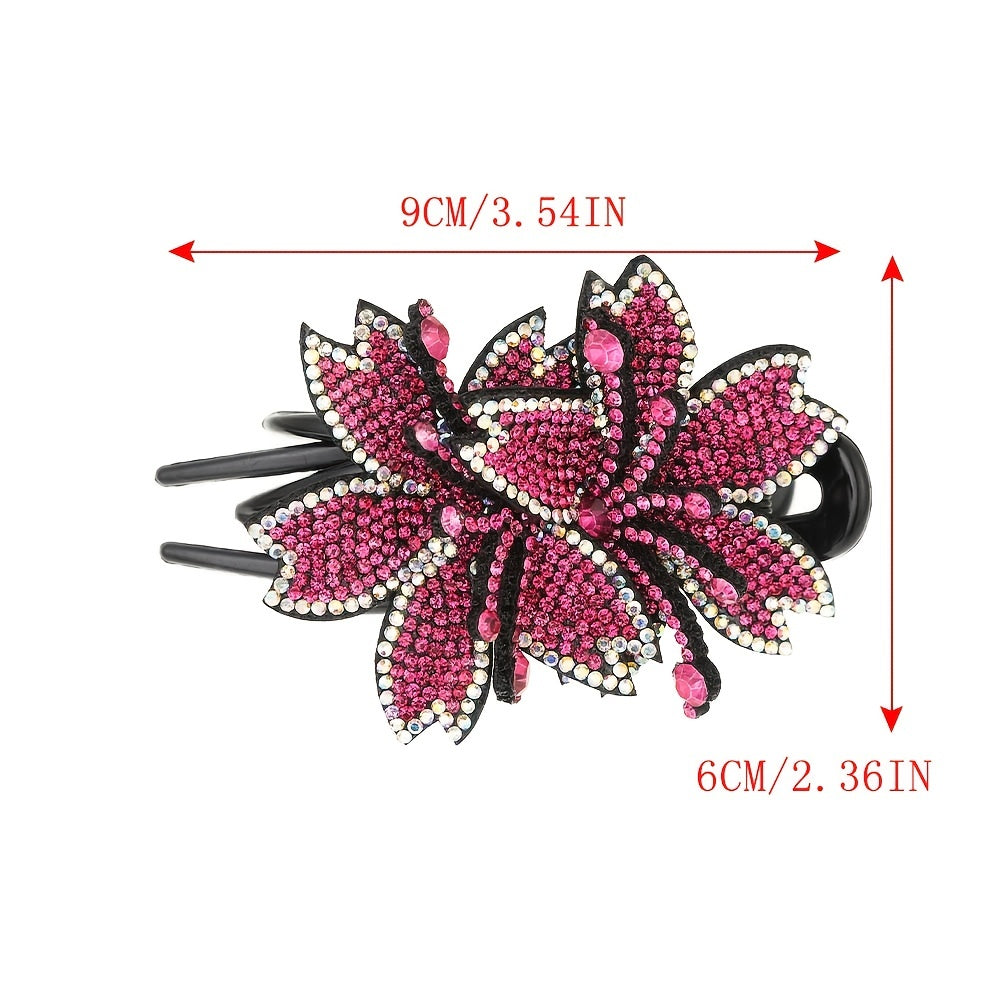 Rhinestone Double Flower Hair Clip Crystal Barrettes Bling Wedding Clips