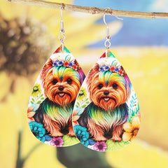 Colorful Flower Print Puppy Earrings PU Leather Jewelry Gift