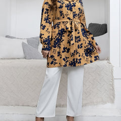  Floral Print Long Sleeve Blouse with Belt