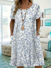  Floral Print Short Sleeve Smock Dress With Pockets