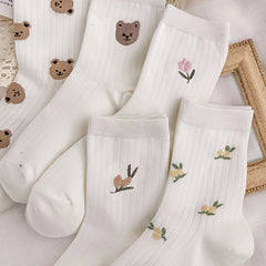 5 Pairs Floral & Bear Print Socks Women's Stockings Hosiery