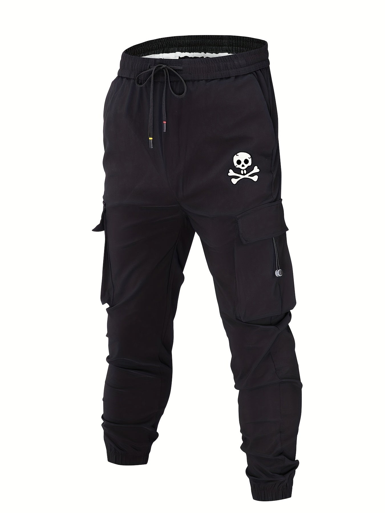 Skull Print Pocket Cargo Pants Men's Casual Loose Fit Solid Cargo Joggers
