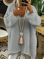  Solid Long Sleeve V Neck Oversized Jumper