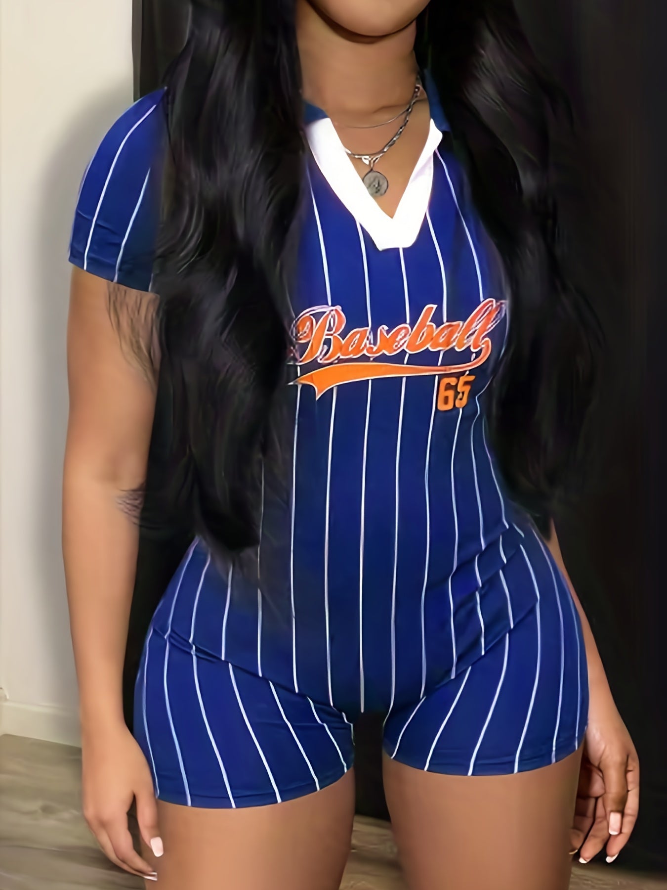  Women's Stripe & Letter Print V Neck Romper