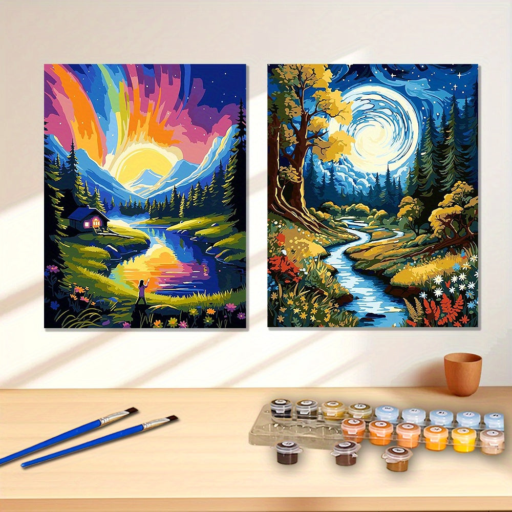 2pcs River Landscape Canvas Art Prints - Sunset & Moonlit Night