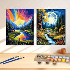 2pcs River Landscape Canvas Art Prints - Sunset & Moonlit Night