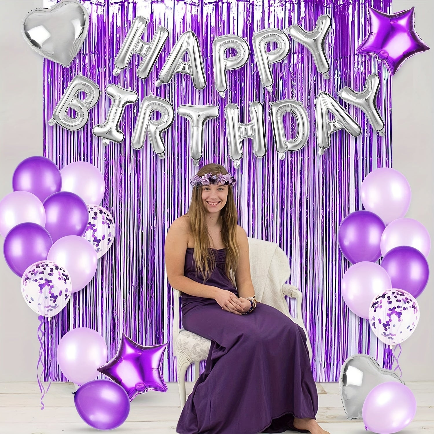 29pc Purple & Silver Birthday Balloon Set with Fringe Curtain