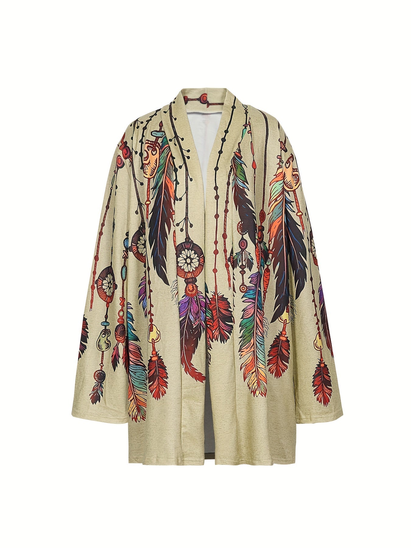 Boho Feather Print Plus Size Cardigan