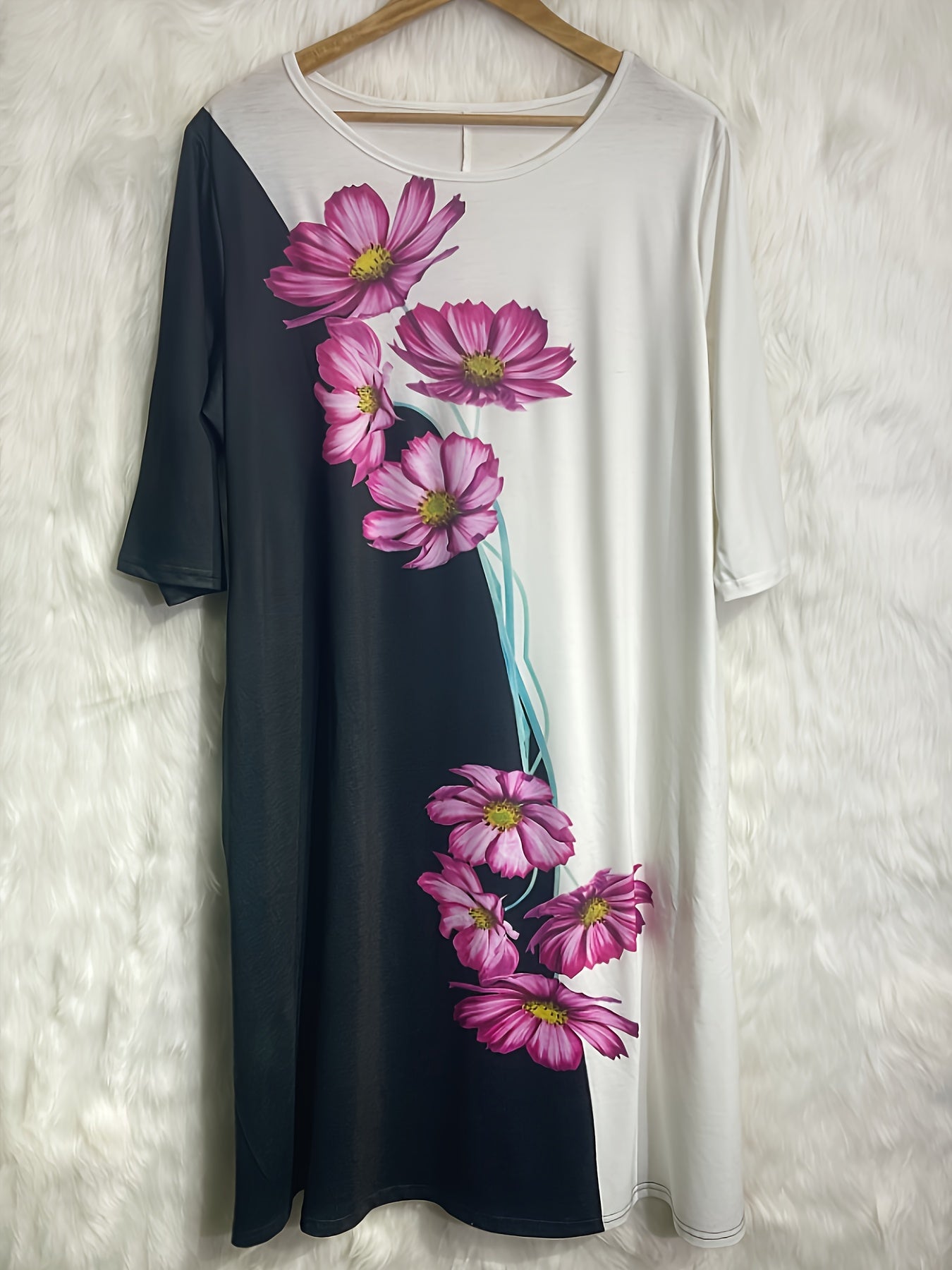 Boho Dress Colorblock Floral Print Half Sleeve Maxi Dress