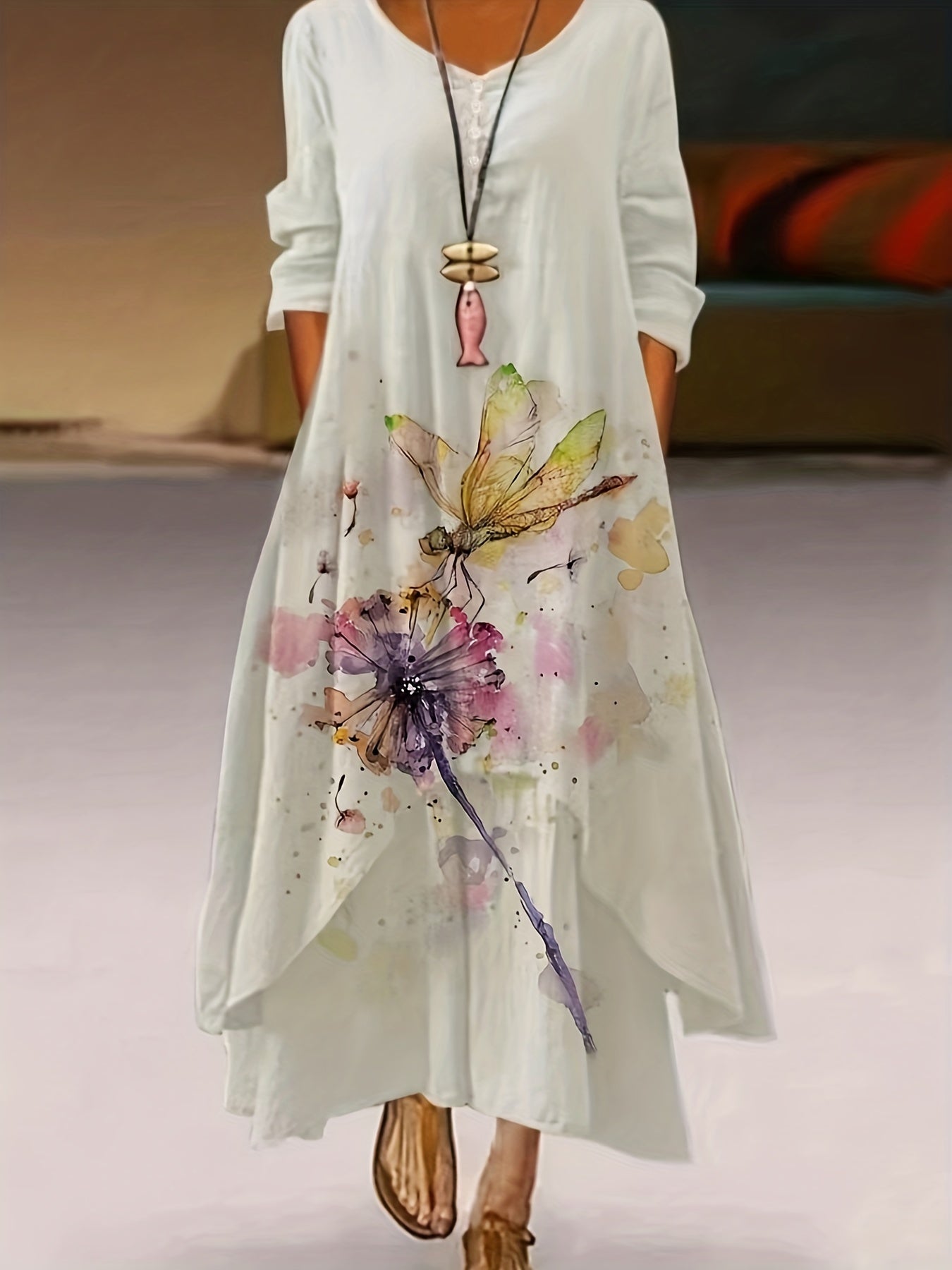  Dragonfly & Dandelion Print Maxi Dress