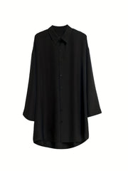  Solid Button Up Long Sleeve Collar Mini Shirt Dress