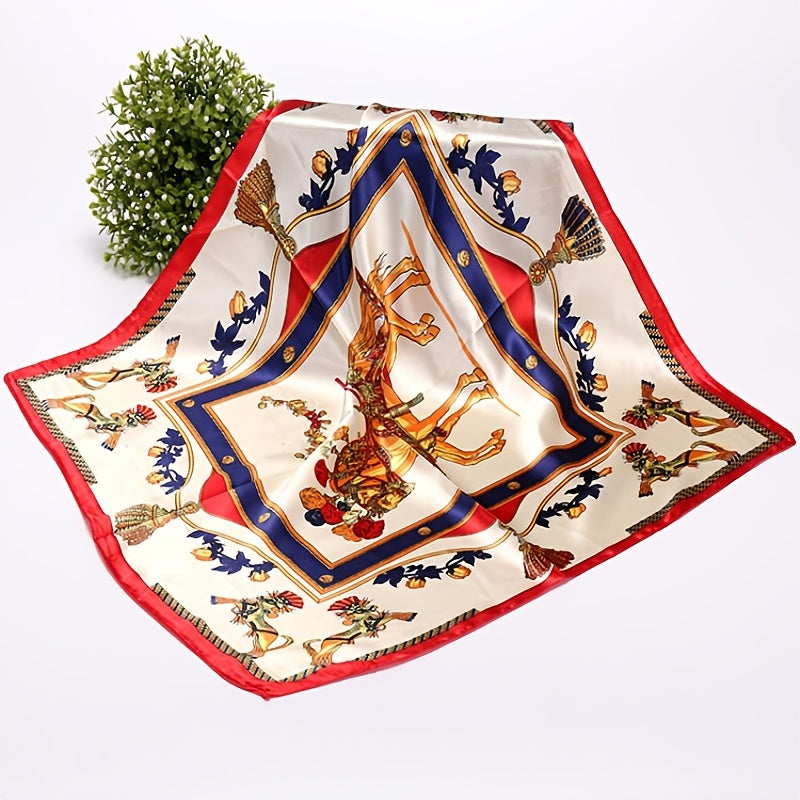 Square Satin Scarf Classic Horse Print Neckerchief Shawl Bandana