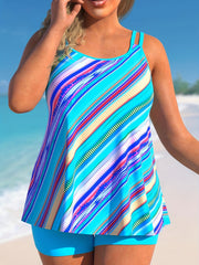  Boho Tankini Set Women's Ombre Stripe Print Top & Shorts Swimsuit