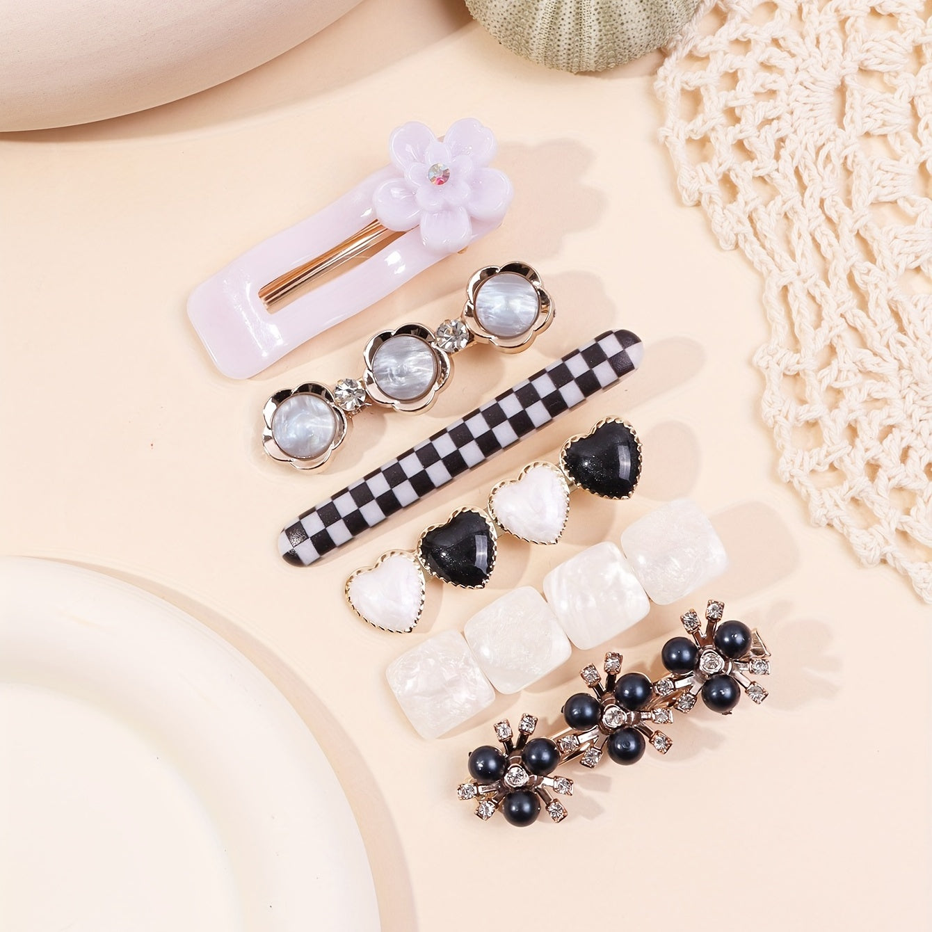 6pcs Checkered Flower Hair Clips Bobby Pins Non Slip Hair Accessories