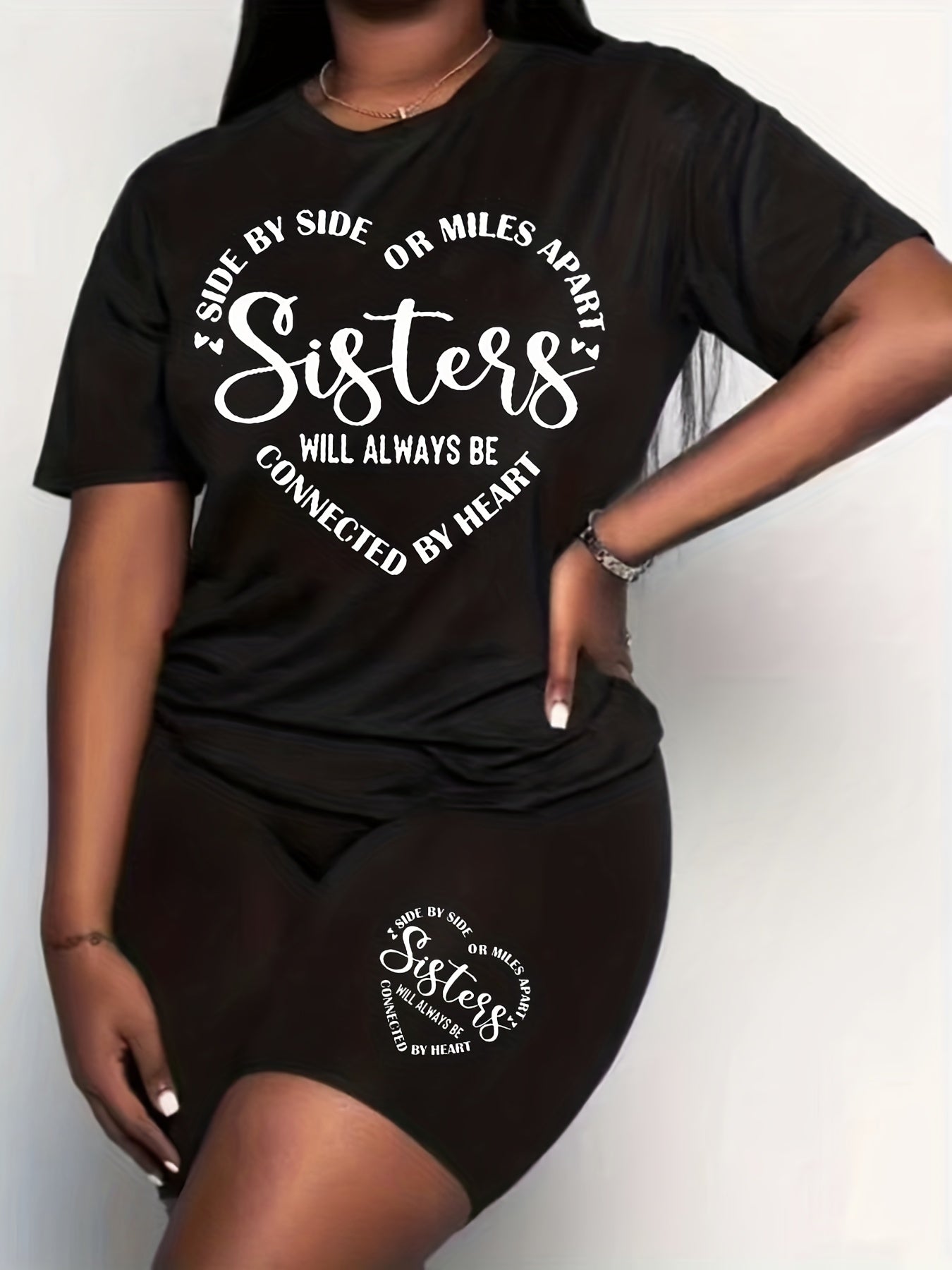  Heart & Slogan Print 2 Piece Set Women's Plus Crop Top & Shorts