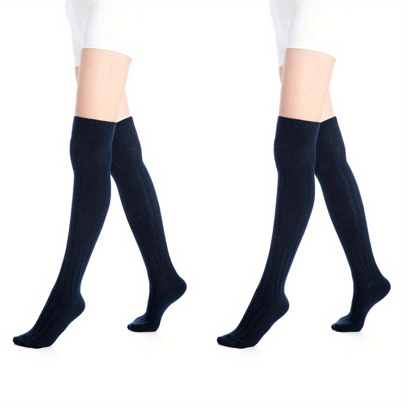 2 Pairs Knitted Thigh High Socks Solid Warm Over The Knee Socks