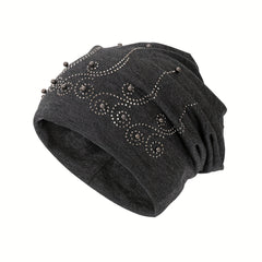 Rhinestone Decor Casual Beanie Solid Slouchy Hats For Women