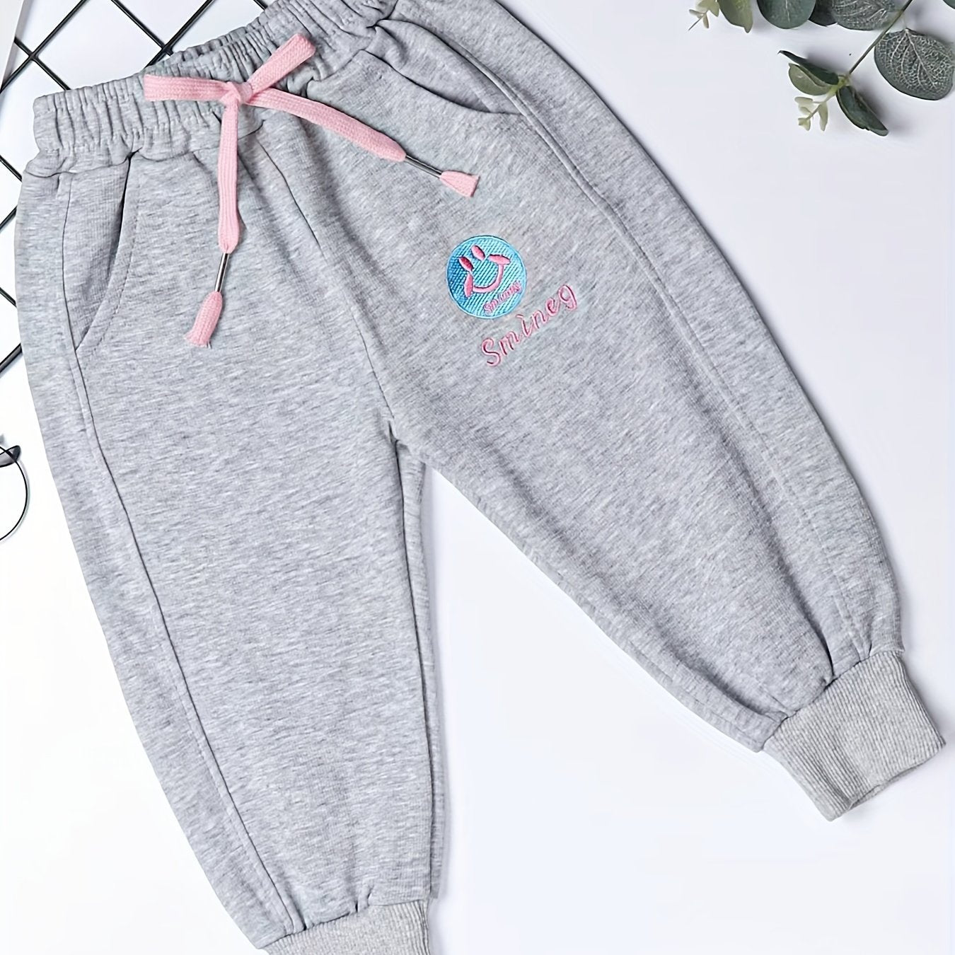 Girls Smile Embroidered Sweatpants Bow Front Baggy Fit