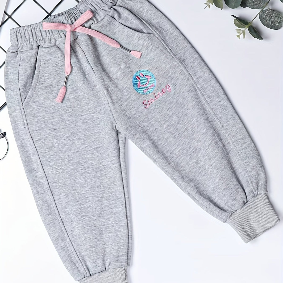 Girls Smile Embroidered Sweatpants Bow Front Baggy Fit