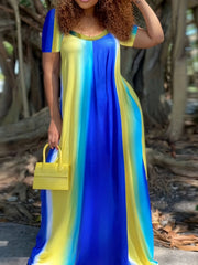  Colorblock Round Neck Maxi Dress