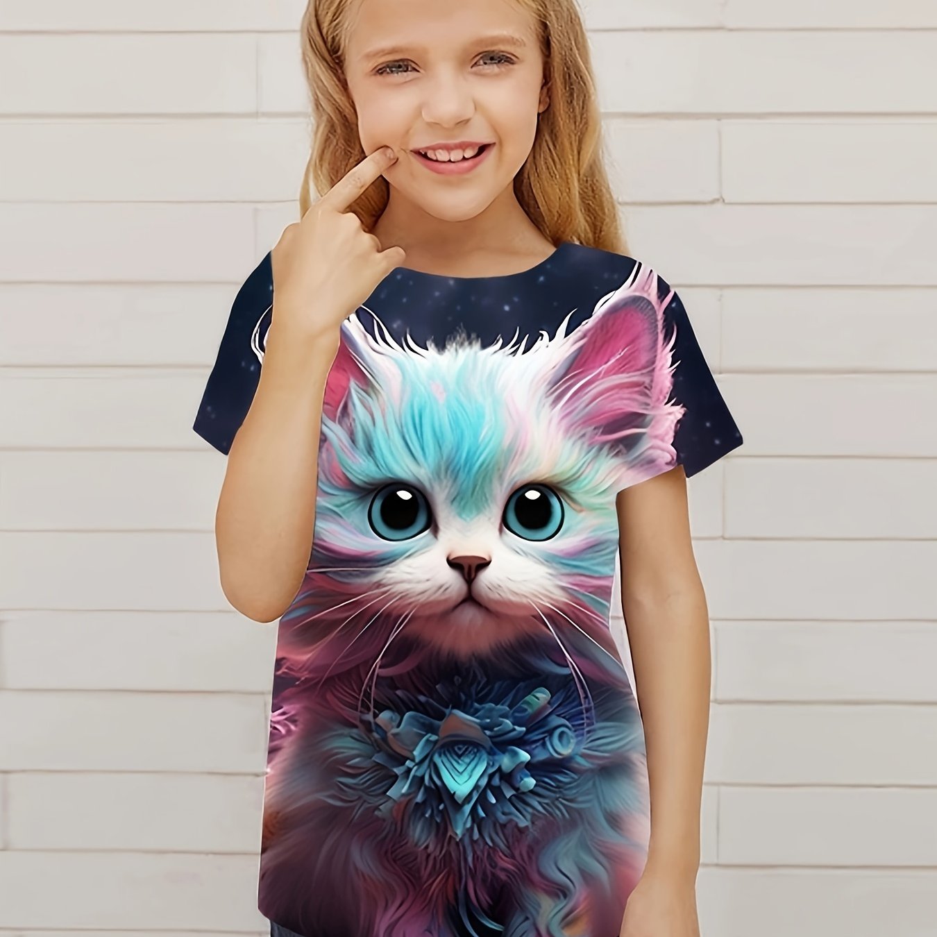 Girls Cat Graphic Short Sleeve T-shirt