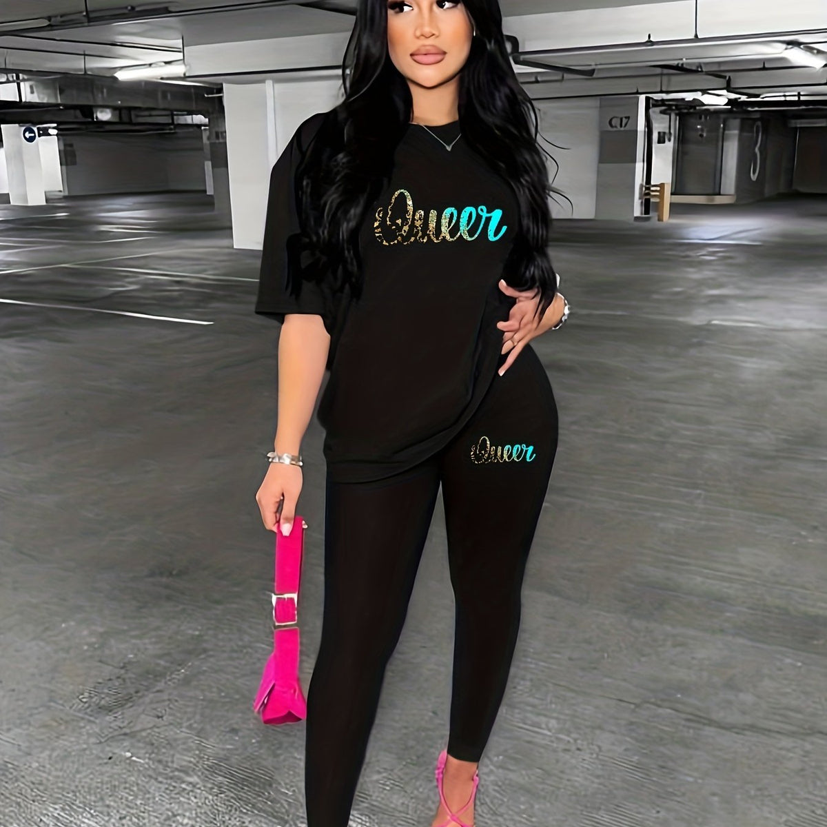 Letter Print Two piece Set Crew Neck Short Sleeve Tee & Long Length Slim Pants