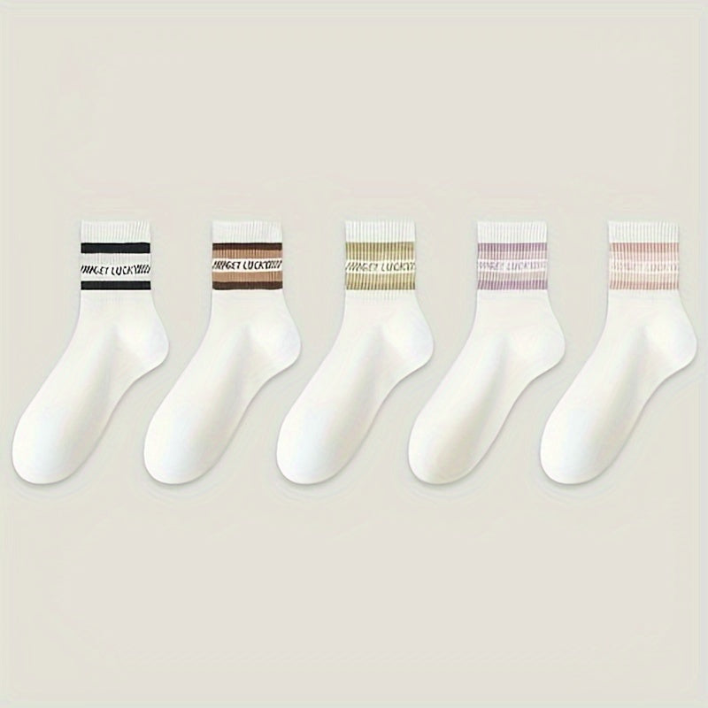 5 Pairs Letter & Striped Print Socks Comfy & Breathable Women's Stockings