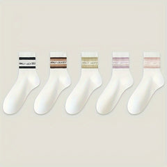 5 Pairs Letter & Striped Print Socks Comfy & Breathable Women's Stockings