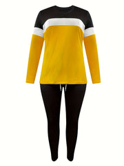  Colorblock Long Sleeve Round Neck Top & Pants Set