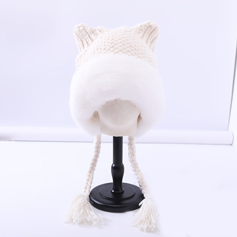 Women's Winter Pom Beanie Hat Fluffy Knit Cat Fox Ear Faux Fur Skull Cap