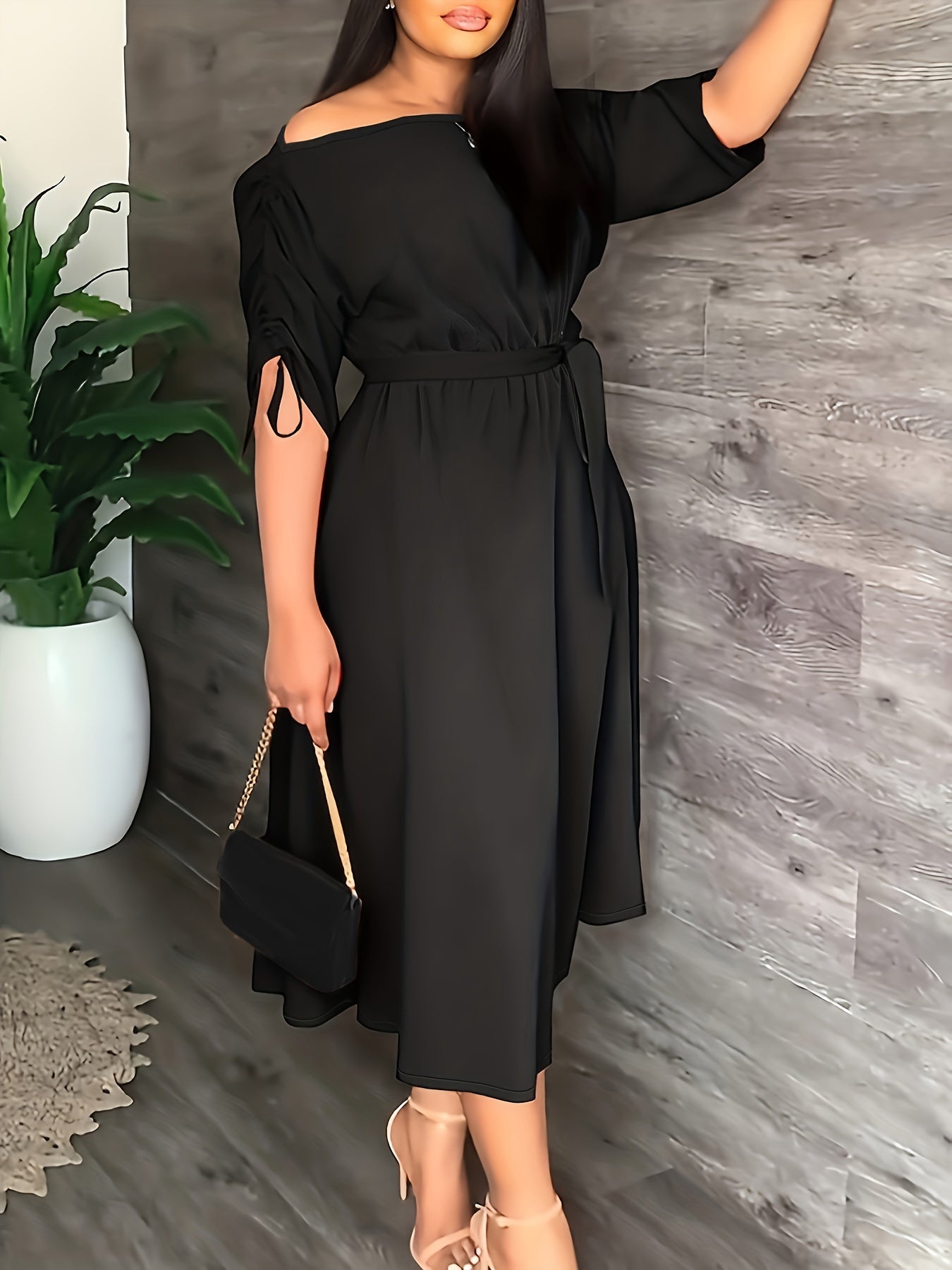  Casual Dress Women's One Shoulder Midi Dress With Belt