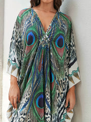 Peacock & Leopard Print Batwing Sleeve V Neck Side Split Cover Up Dress