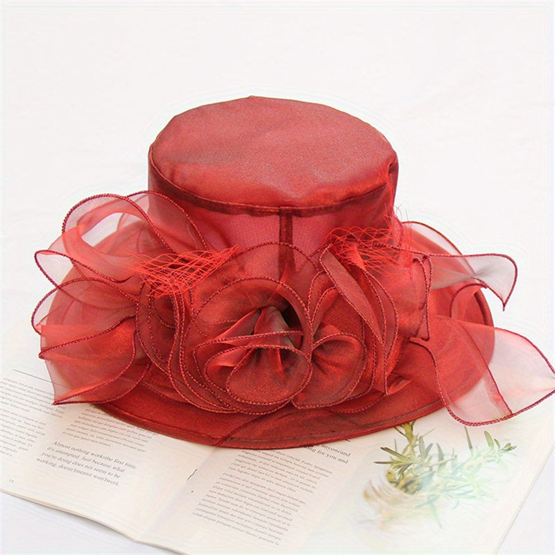 Wide Brim Organza Sun Hat Mesh Flower Breathable Derby Hat