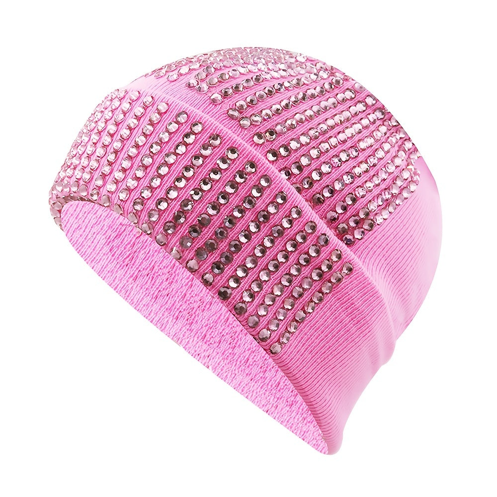 Rhinestone Knitted Hat Elastic Beanie Cap Women Hair Accessories
